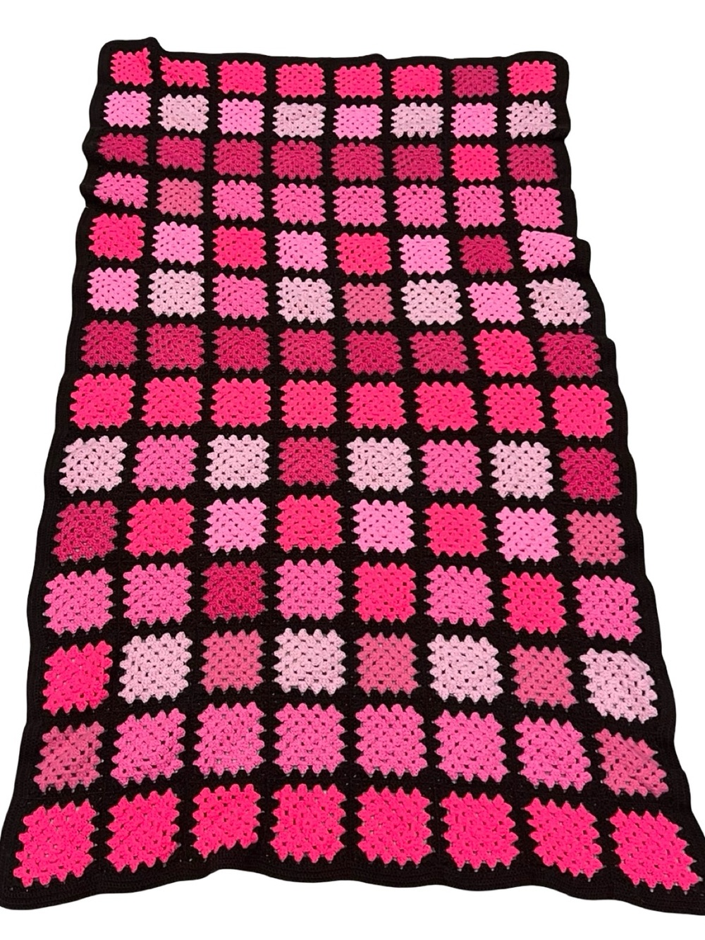 Y2K Nursery Pink Brown Granny Square Crochet Afghan Blanket Handmade Retro